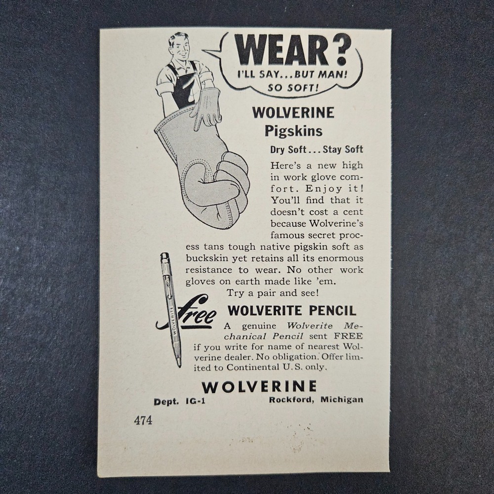 1952 Wolverine‎ Pigskins Gloves Wolverite Pencil Vintage Print Ad Rockford MI